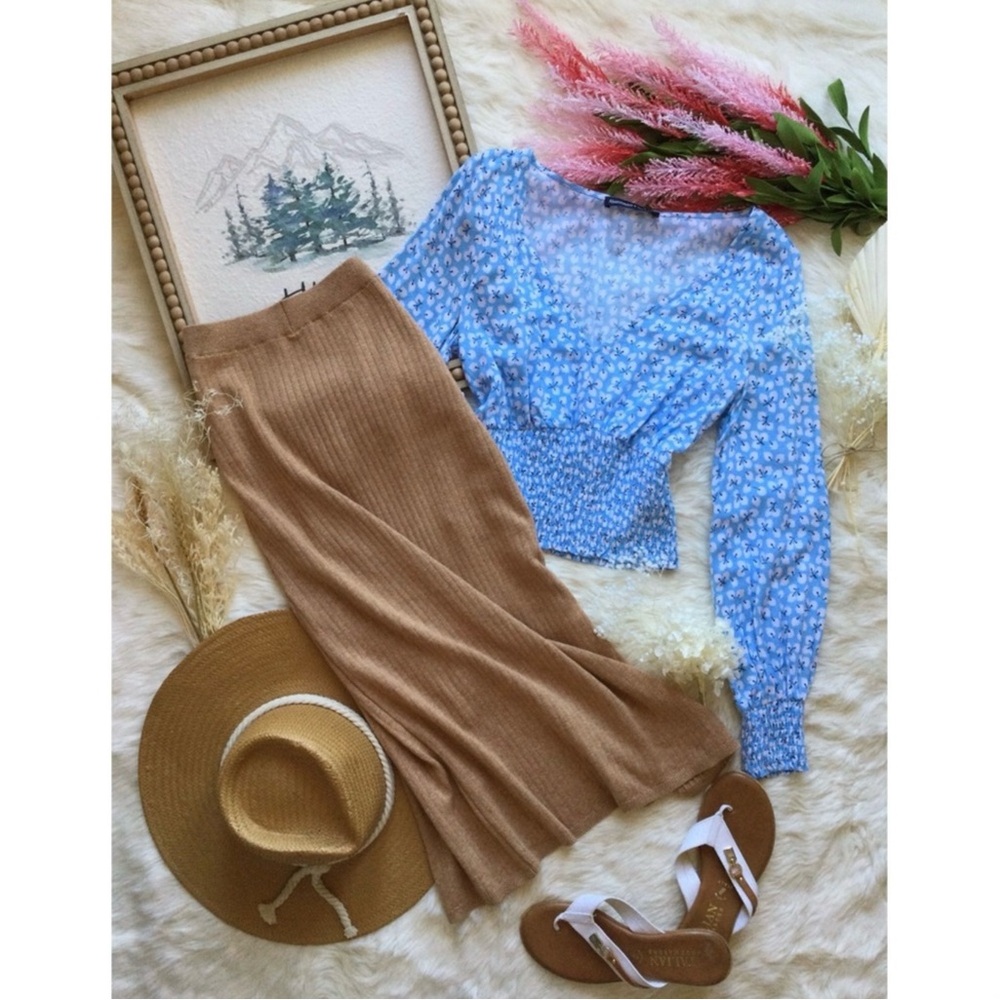Free People XS Heathered Brown Ribbed Knit Slit Midi Skirt Western Boho Neutral - Picture 12 of 14